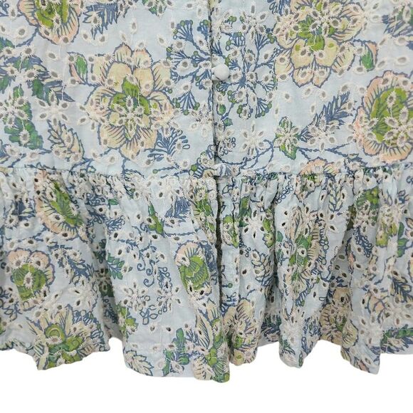 7 For All Mankind Boho Blouse Womens Medium Green Eyelet Embroidered Floral - Picture 5 of 13